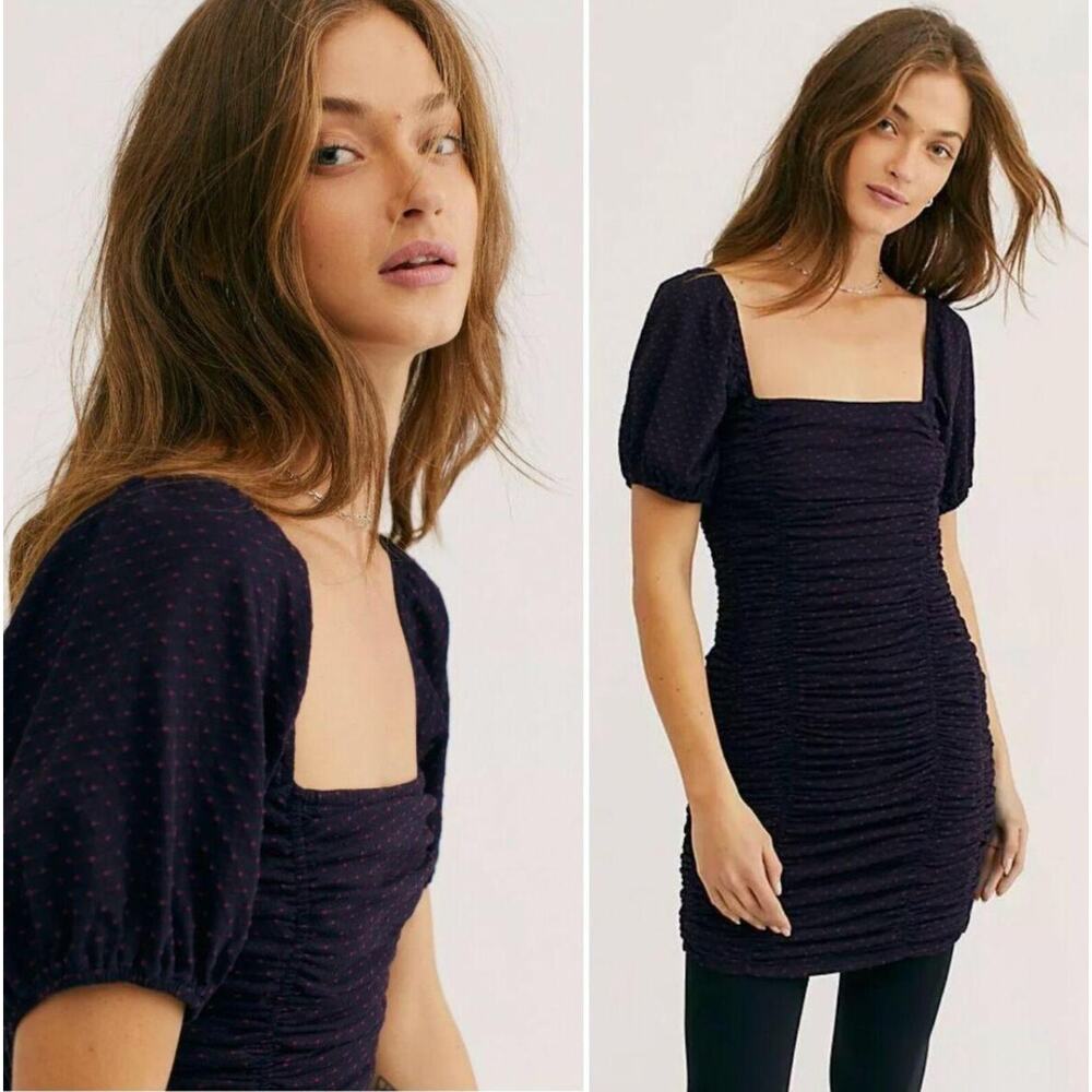 Free People She's In Parties Ruched Bodycon Dress in Navy Pink Polka Dot Size XS